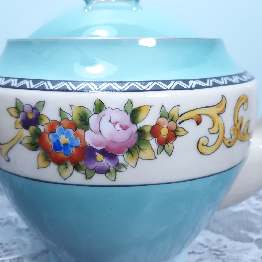 Antique Ca 1920 Noritake Teapot Turquoise Blue Floral Roses White Gold Vintage - Picture 4 of 13